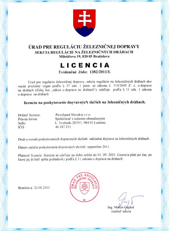 Úrad pre reguláciu železničnej dopravy - Licencia